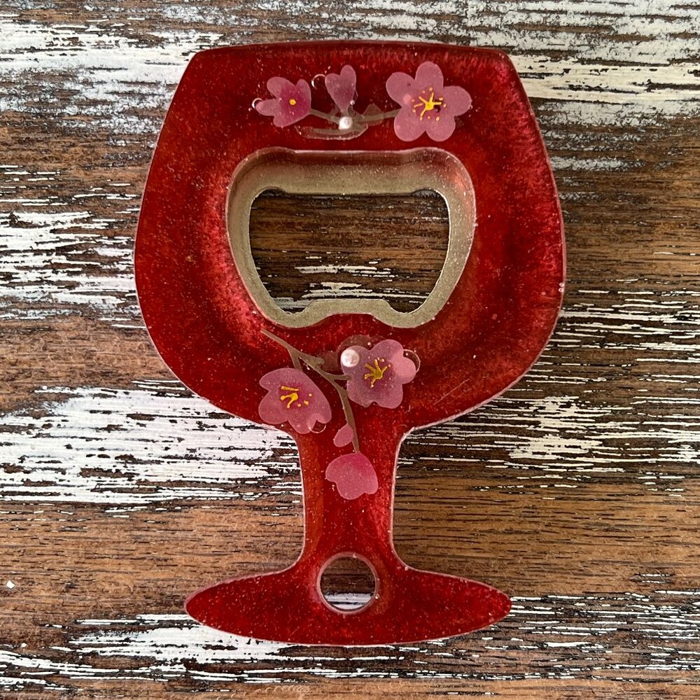Red Cherry Blossoms Wine Glass Resin Bottle Opener with Fridge Magnet Bar Access